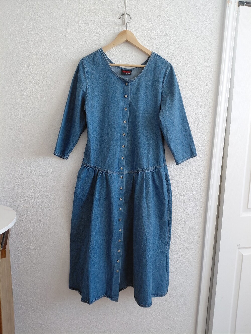 Vtg Sunbelt Sportswear Denim Fully Buttoned 3/4 Sleeve Midi Womens Dress - Picture 8 of 8